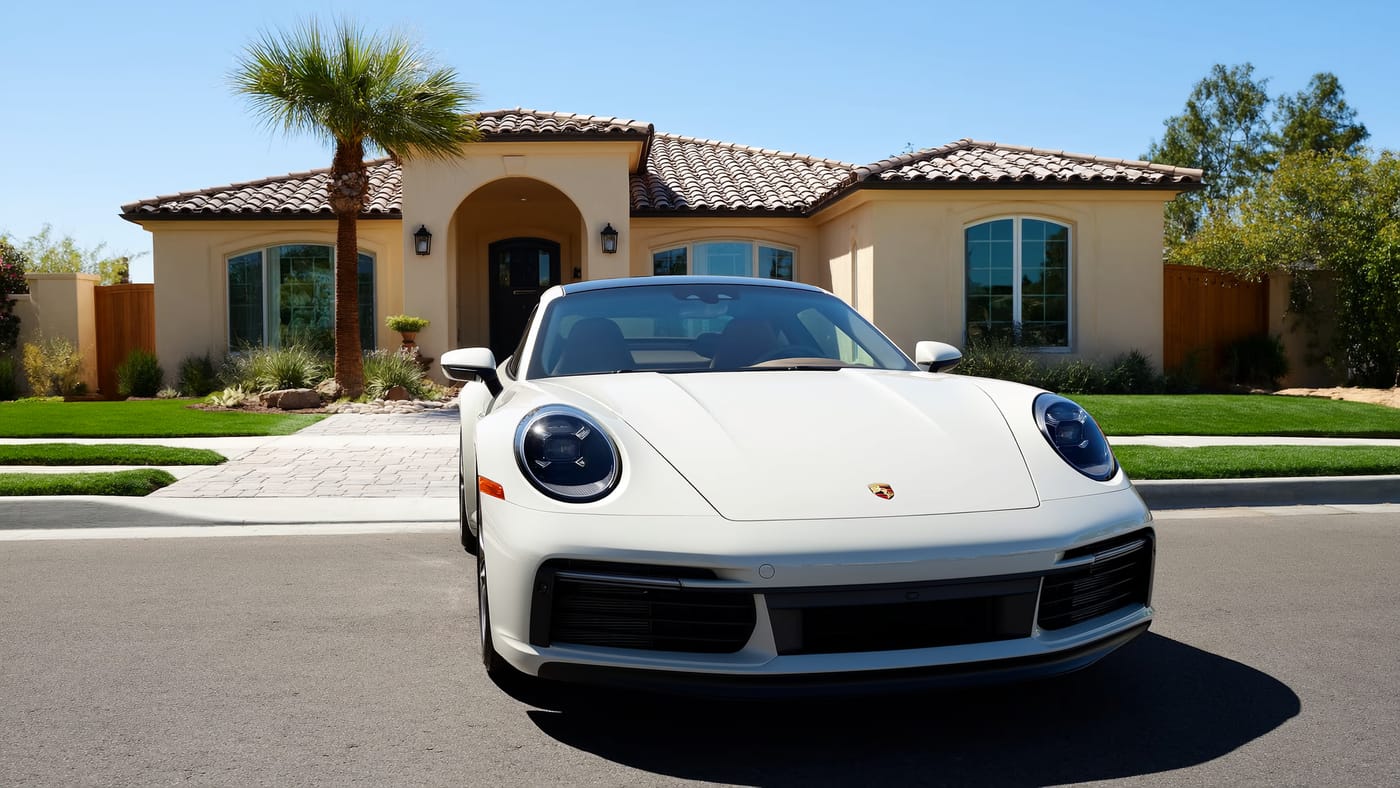 White Porsche 911 with premium ceramic window tint, parked at a typical Lodi California home